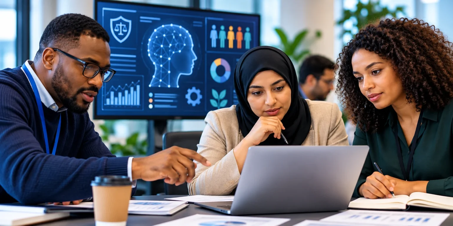 Researchers reviewing AI governance and ethics evidence for responsible technology